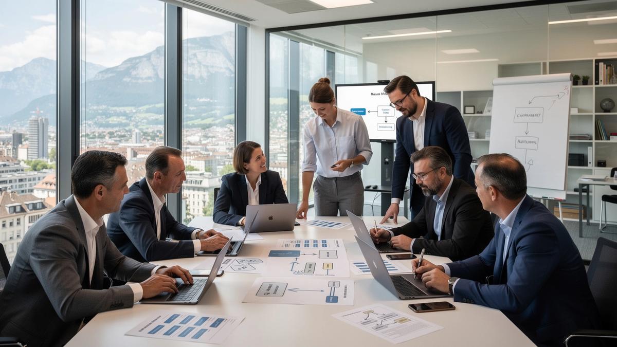 Swiss professionals reviewing AI workflow training materials in a modern office